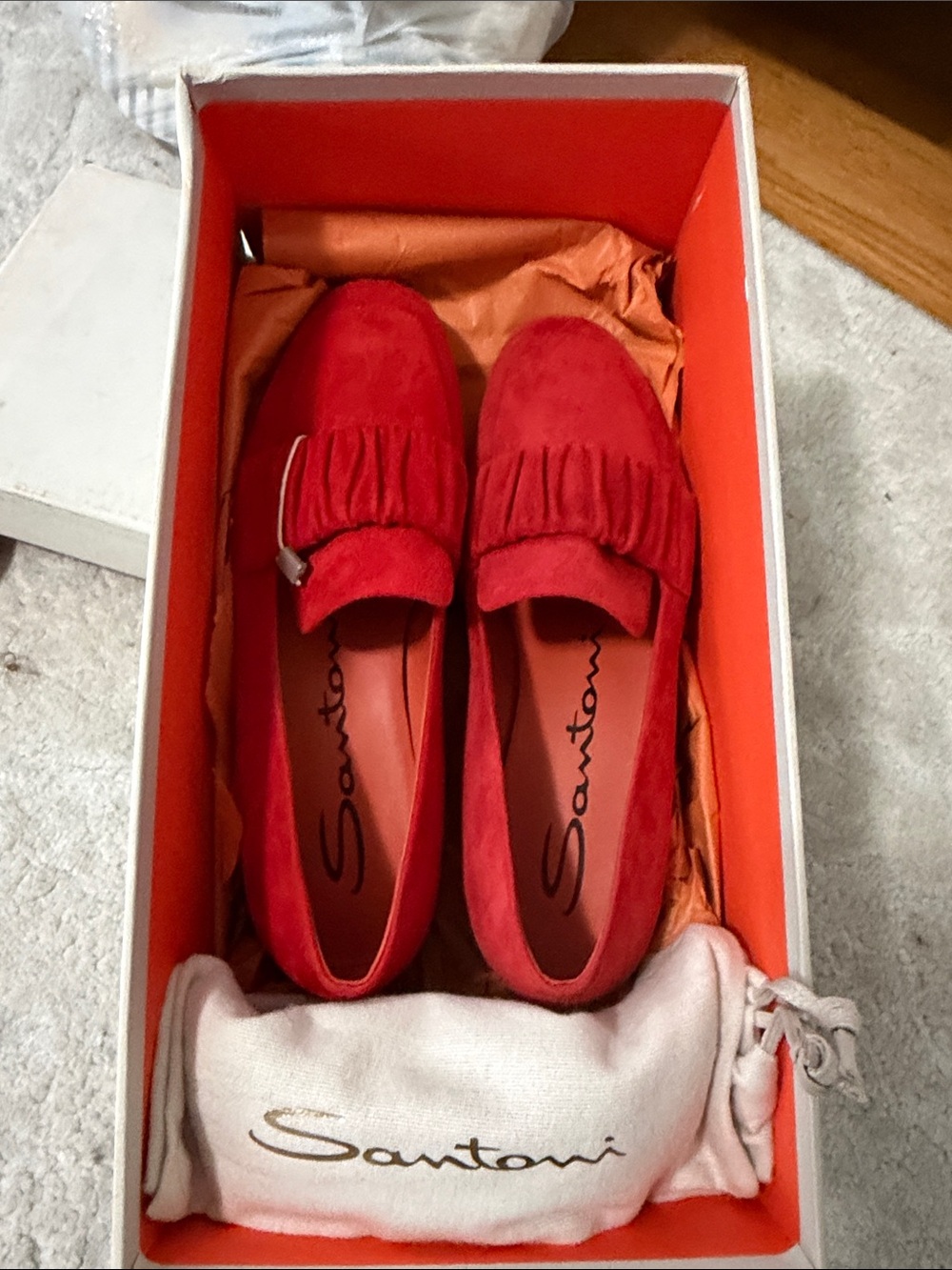 Santoni Red Suede Ruched Vamp Loafers